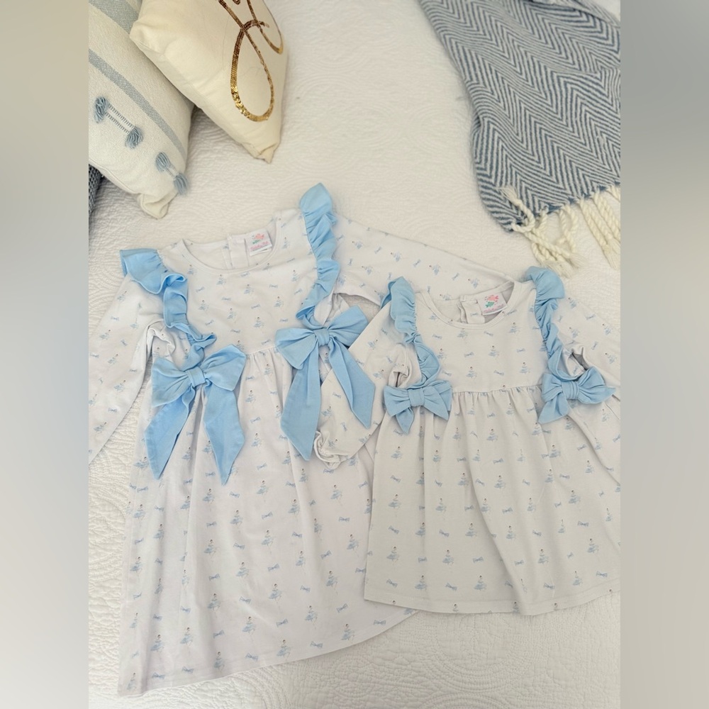 Matching Girls White and Blue Ballerina Ruffle Dresses Stitchy Fish